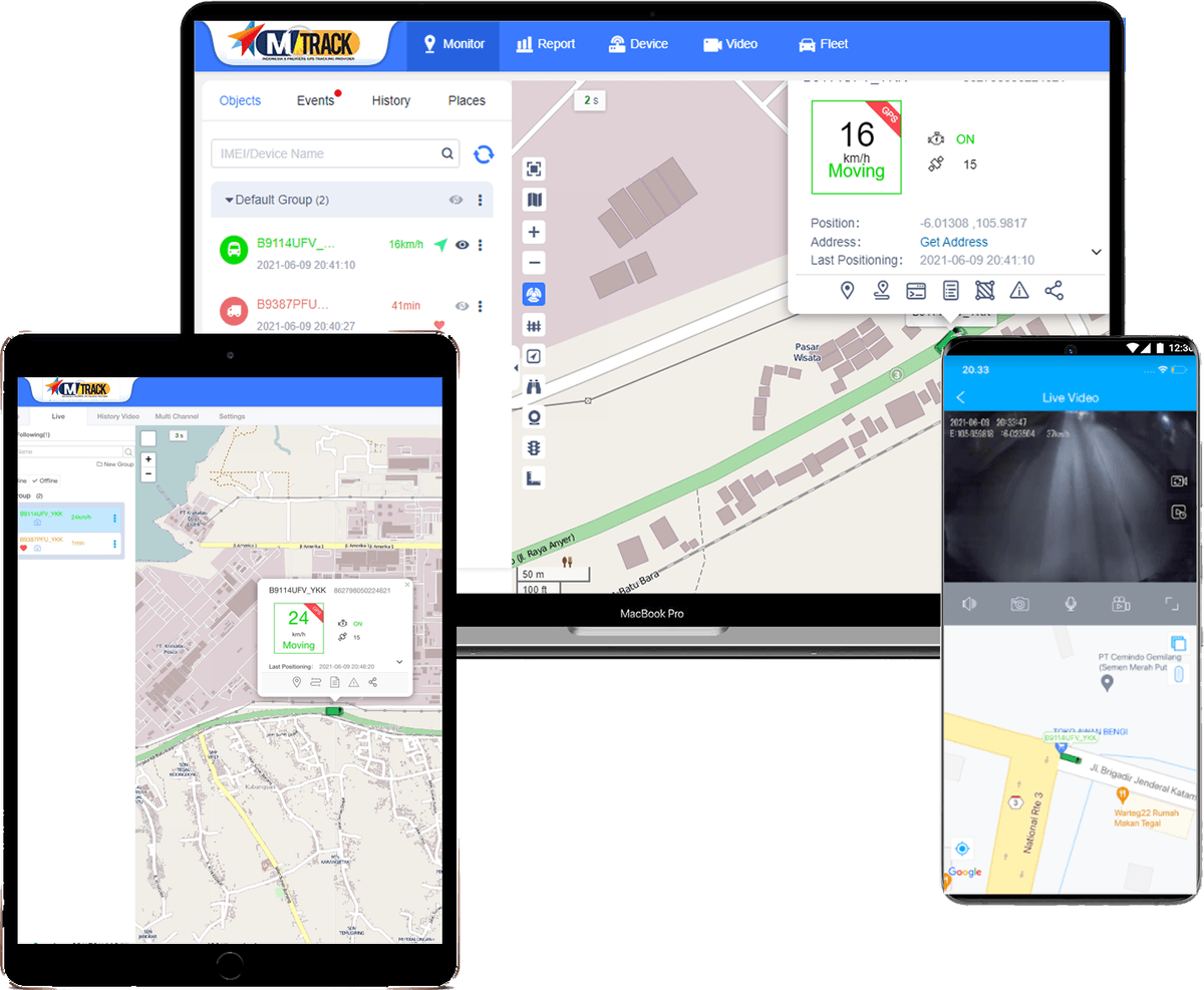 MTrack monitoring app on laptop, tablet and phone with live video