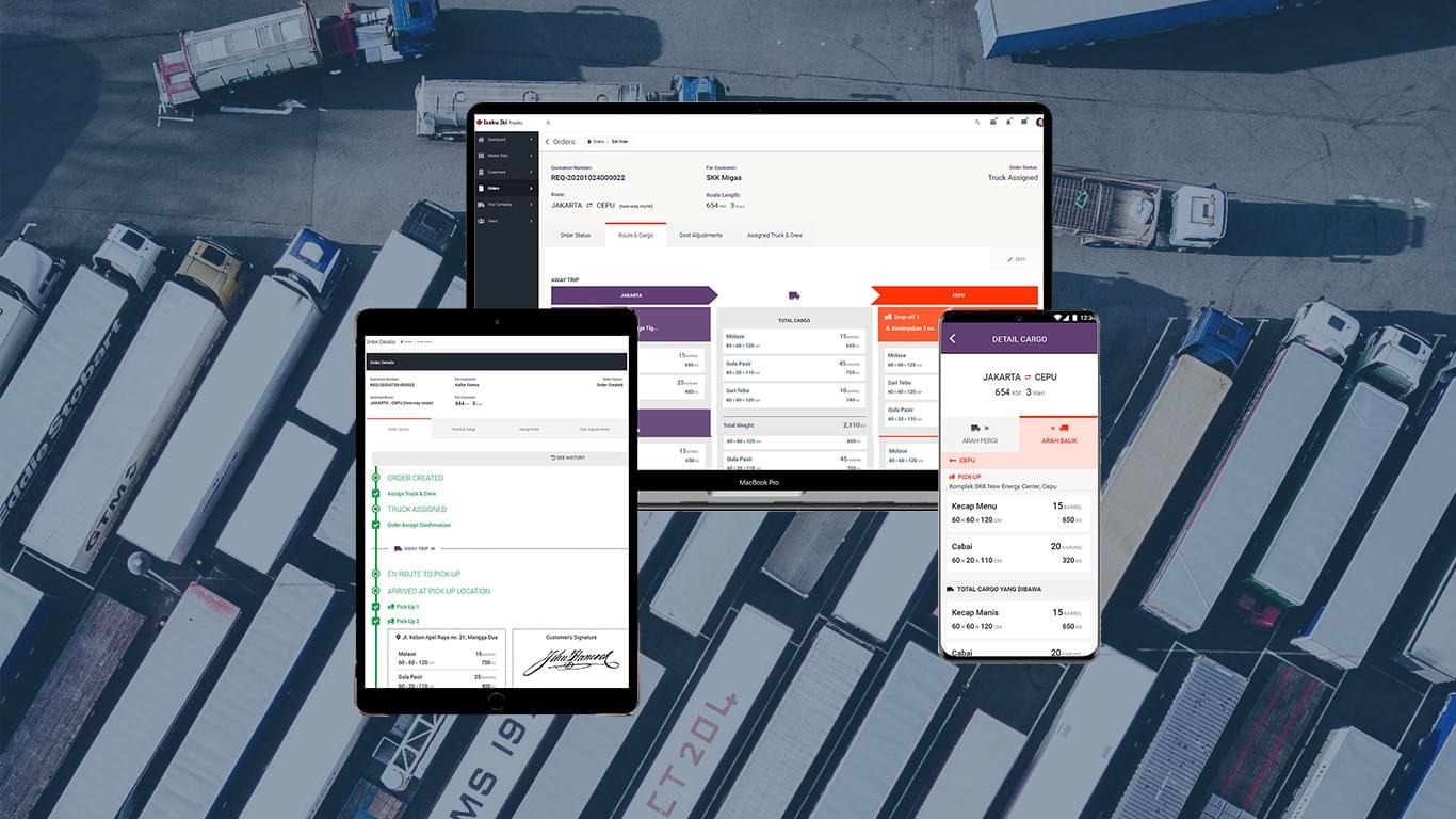 MTrack truck management system on laptop, tablet and phone